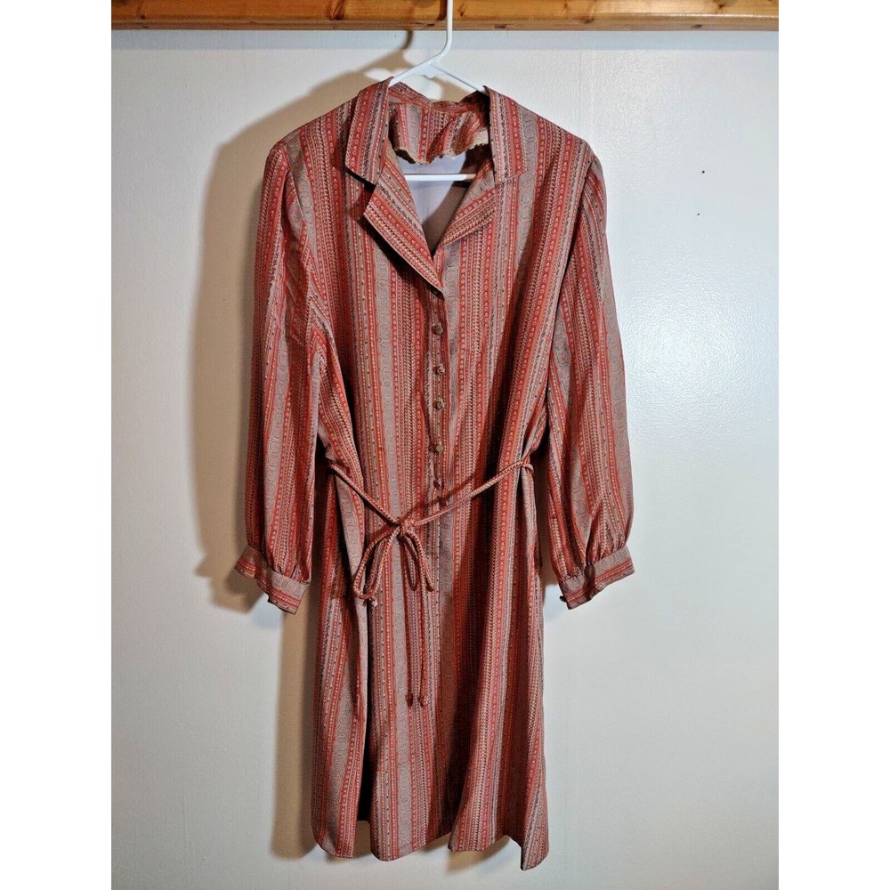 Vintage Modest Dress With Tie Women's 18 Brown Pink Geometric Homemade